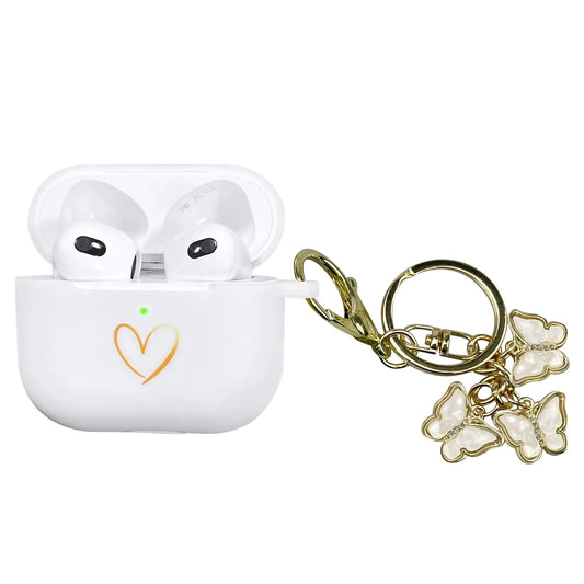 AirPods 3 Case Cover 2021 Soft Silicone Case with Gold Heart Pattern (White)